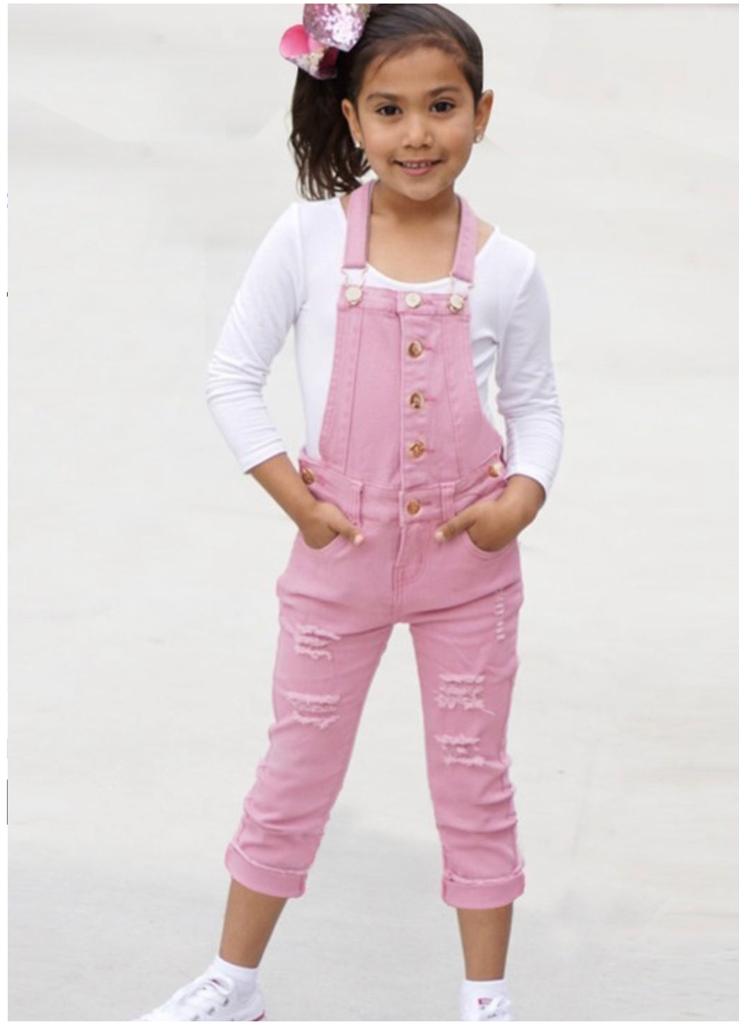 Girls Denim Overalls w/ distress and button fronts